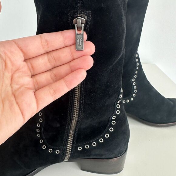 FRYE Boots Womens 6.5 Black Over The Knee Suede Leather Ray Grommet Studded - Picture 13 of 15